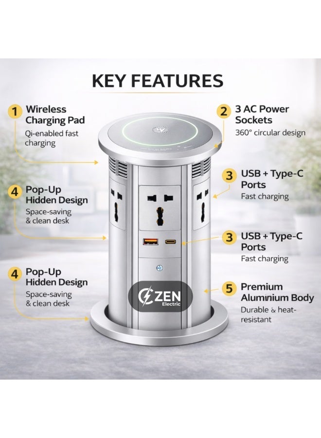 CZEN ELECTRIC Pop-Up Power Socket with Wireless Charger, Built-in Desk Power Hub, Qi Fast Charging Pad, AC Outlets, Hidden Table Installation for Office & Workspace (SILVER) - Image 4