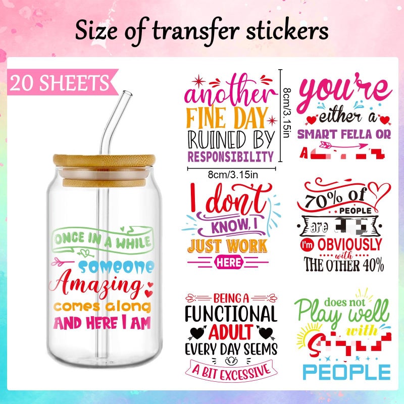 Rngmsi Funny UV DTF Cup Wrap - 20 Sheets Sarcastic UV DTF Wraps for 16 oz Humorous UVDTF Decals for Tumblers Waterproof Rub on Transfer Stickers for Glass, Wood DIY Crafts - Image 2