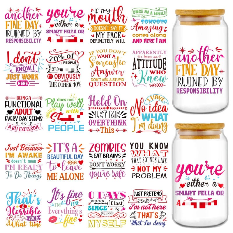 Rngmsi Funny UV DTF Cup Wrap - 20 Sheets Sarcastic UV DTF Wraps for 16 oz Humorous UVDTF Decals for Tumblers Waterproof Rub on Transfer Stickers for Glass, Wood DIY Crafts - Image 1