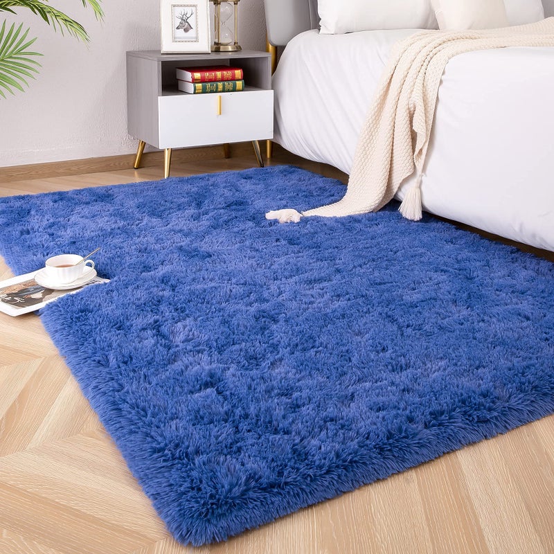 Foxmas Soft Fluffy Area Rugs for Bedroom Kids Room Plush Shaggy Nursery Rug Furry Throw Carpets for Boys Girls College Dorm Fuzzy Rugs Living Room Home Decorate Rug 4ft x 6ft Light Navy