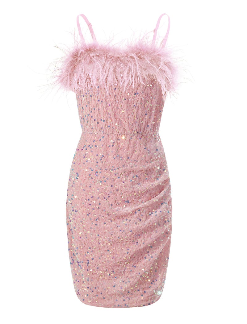 EXARUS Girls Pink Dress Sequin Glitter Bodycon Sparkle Sparkly Ruched Tween Spaghetti Strap Semi Formal Party Cocktail Ball Prom Teen Wedding Kids Mini Short Dresses Fancy Glam Velvet 10Y - Image 1