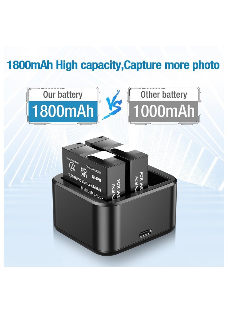 Generic 2 Pack 1800mAh Replacement Insta360 Ace Pro Battery, with Triple Slot USB Fast Charger Hub Compatible with Insta360 Ace Pro Accessories Camera  - Image 2