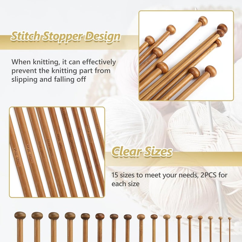 LIHAO 30pcs Bamboo Knitting Needles Set, Wooden Knitting Needles, Knitting Kit Accessories for Beginners Handmade, Single Pointed from 2.0mm-10.0mm - Image 4