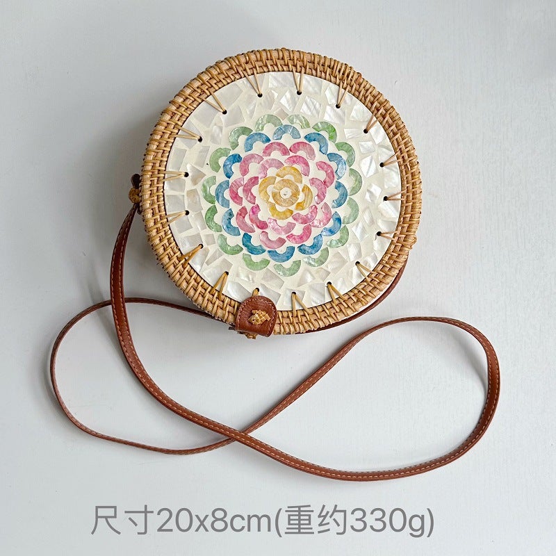 Vietnamese Handwoven Round Straw Seashell Bag - Colorful Patchwork Crossbody for Women, Beach Tote