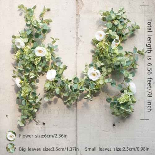 Partyjoy PARTY JOY 6.56ft Eucalyptus Garland with Flowers-8 White Roses, Artificial Fake Flowers Greenery Garland Floral Vines for Decoration Party Wedding Table Indoor Outdoor Backdrop Wall Decor(White) - Image 2