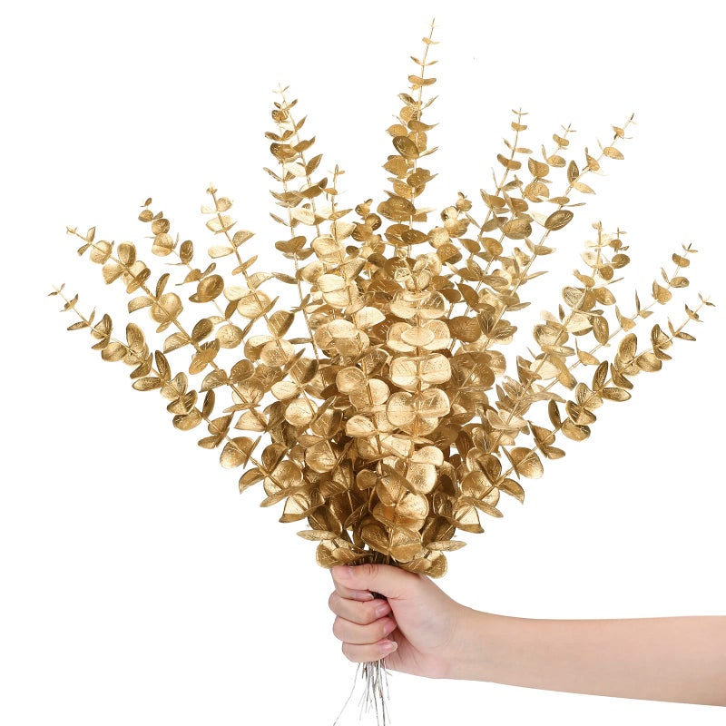 Waydress 12 Pieces Gold Eucalyptus Stem 16 Inch Artificial Eucalyptus Spray Fake Leave Decor Fall Faux Floral Arrangement Faux Flower for Wedding Party Bouquet Home Farmhouse Vase DIY Craft