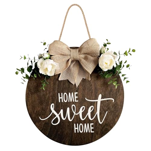 DOFAFALA Home Sweet Home Farmhouse Welcome Sign, Round Wood Hanging Door Decor with Ribbon Bow and Faux Greenery, Rustic Porch Wreath for Thanksgiving, Christmas, Brown Front Door Hanger - Image 1