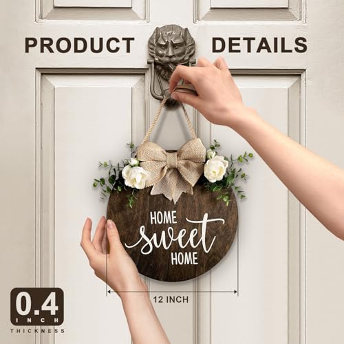 DOFAFALA Home Sweet Home Farmhouse Welcome Sign, Round Wood Hanging Door Decor with Ribbon Bow and Faux Greenery, Rustic Porch Wreath for Thanksgiving, Christmas, Brown Front Door Hanger - Image 3
