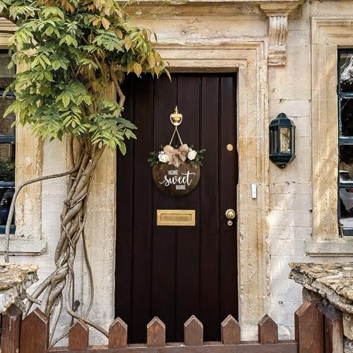 DOFAFALA Home Sweet Home Farmhouse Welcome Sign, Round Wood Hanging Door Decor with Ribbon Bow and Faux Greenery, Rustic Porch Wreath for Thanksgiving, Christmas, Brown Front Door Hanger - Image 2