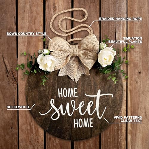 DOFAFALA Home Sweet Home Farmhouse Welcome Sign, Round Wood Hanging Door Decor with Ribbon Bow and Faux Greenery, Rustic Porch Wreath for Thanksgiving, Christmas, Brown Front Door Hanger - Image 5