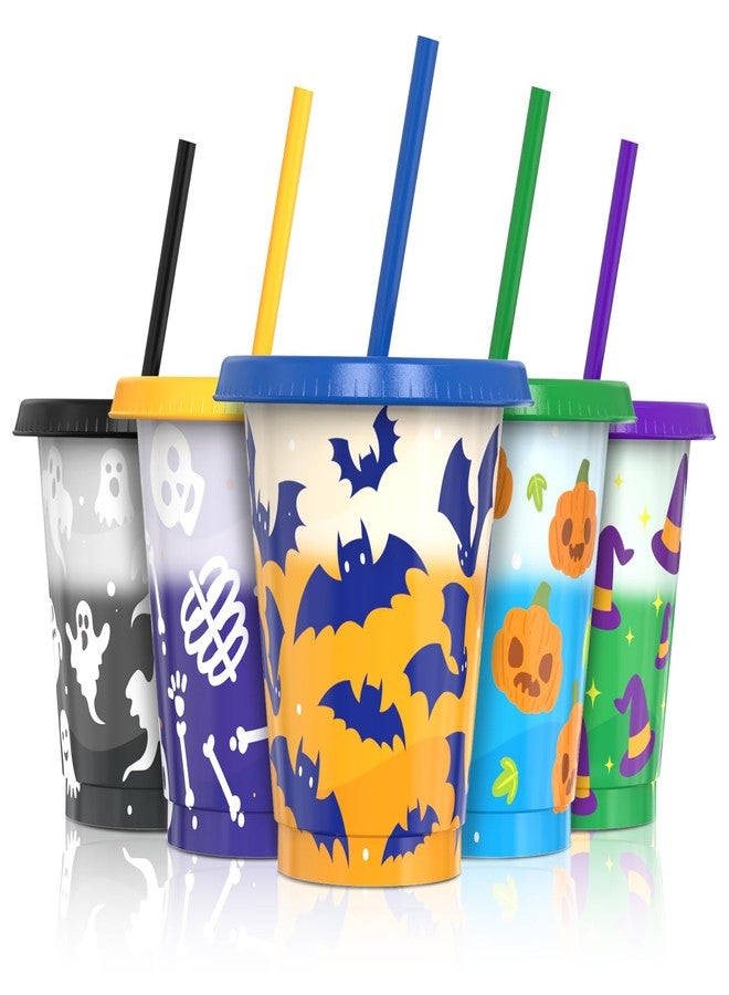 OZMOJOO Color Changing Cups, Halloween Plastic Cups with Lids and Straws, Reusable Plastic Tumblers - 5 Pack 16 oz, BPA-free, Cold Drink Party Cups for Kids, Adults - Image 1