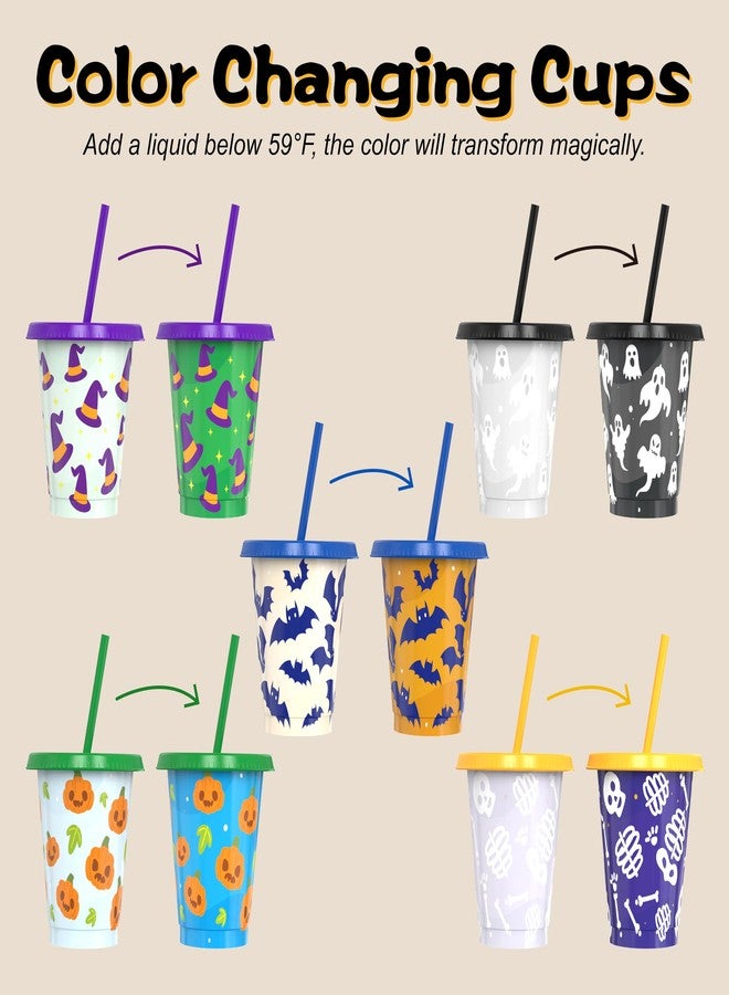 OZMOJOO Color Changing Cups, Halloween Plastic Cups with Lids and Straws, Reusable Plastic Tumblers - 5 Pack 16 oz, BPA-free, Cold Drink Party Cups for Kids, Adults - Image 2