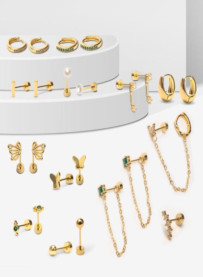 CrazyPiercing 12Pairs CrazyPiercing Gold Flat Back Earrings 20G Hypoallergenic Earrings Surgical Stainless Steel Earring Set, Shiny CZ Small Opal Ball Stud Hoop Earrings for Women - Image 5