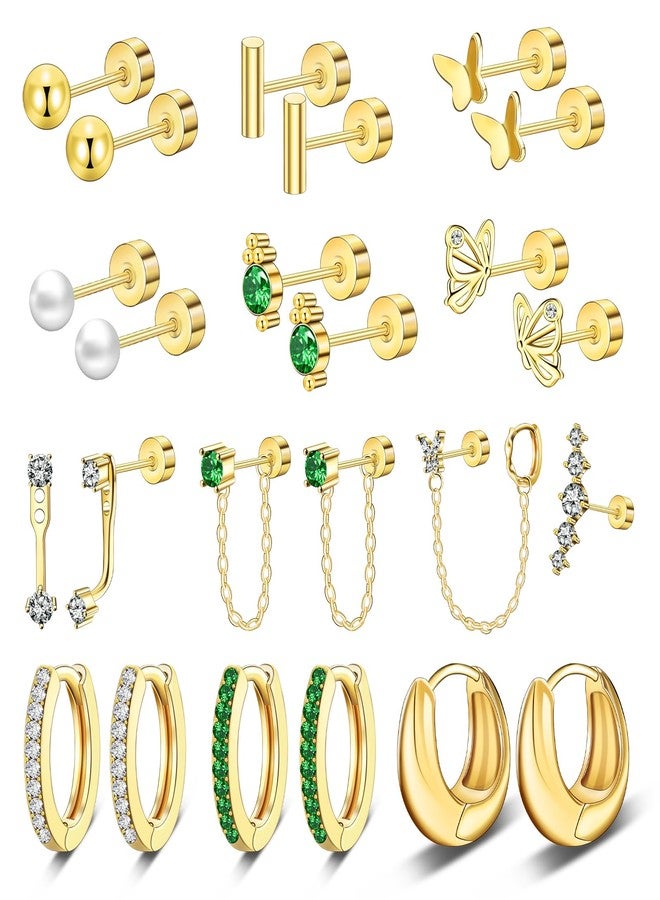 CrazyPiercing 12Pairs CrazyPiercing Gold Flat Back Earrings 20G Hypoallergenic Earrings Surgical Stainless Steel Earring Set, Shiny CZ Small Opal Ball Stud Hoop Earrings for Women - Image 1