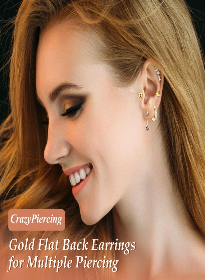 CrazyPiercing 12Pairs CrazyPiercing Gold Flat Back Earrings 20G Hypoallergenic Earrings Surgical Stainless Steel Earring Set, Shiny CZ Small Opal Ball Stud Hoop Earrings for Women - Image 2