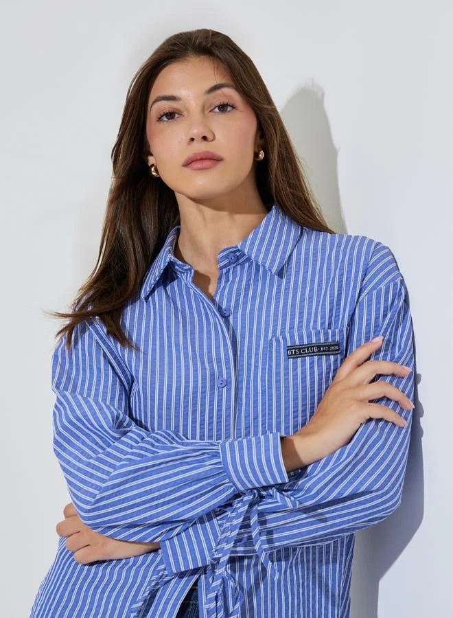 Styli Blue Longline Striped Shirt with Tie-Cuff