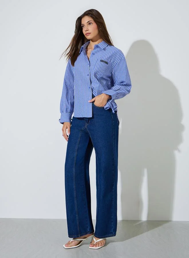Styli Blue Longline Striped Shirt with Tie-Cuff