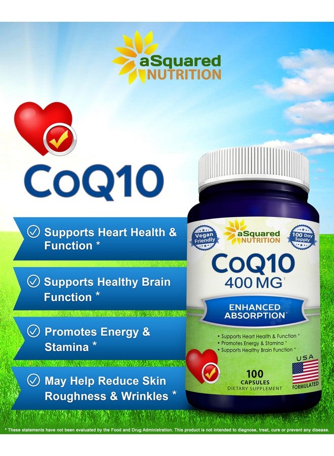 aSquared Nutrition CoQ10 (400mg Max Strength, 100 Veggie Capsules) - High Absorption Coenzyme Q10 Powder - Ubiquinone Supplement Pills, Extra Antioxidant CO Q-10 Enzyme Vitamin Tablets, Coq 10 400 mg - Image 1