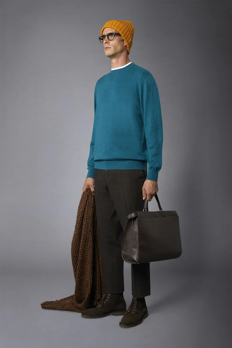 دوبل غانغر Men's roundneck wool and cotton sweater - Torquoise
