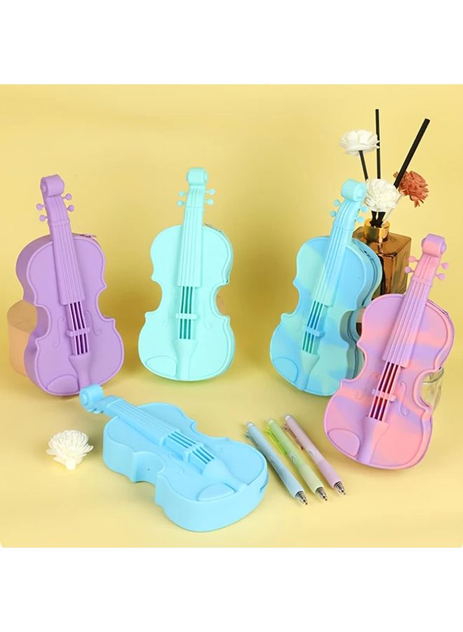 Purple Violin Shaped Pencil Case Zipper Closure Musical Note Cutouts Desk Organizer - Image 1