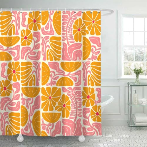 DeeCabin Boho Abstract Colorful Floral Shower Curtain, Vintage Retro Patchwork Orange Pink Flower Botanical Geometric Aesthetic Groovy Bathroom Decor Shower Curtain Set with 12 Hooks, 70X70IN - Image 1