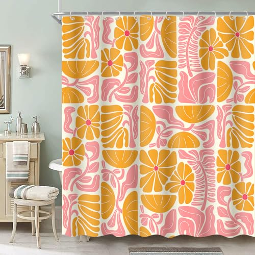 DeeCabin Boho Abstract Colorful Floral Shower Curtain, Vintage Retro Patchwork Orange Pink Flower Botanical Geometric Aesthetic Groovy Bathroom Decor Shower Curtain Set with 12 Hooks, 70X70IN - Image 2