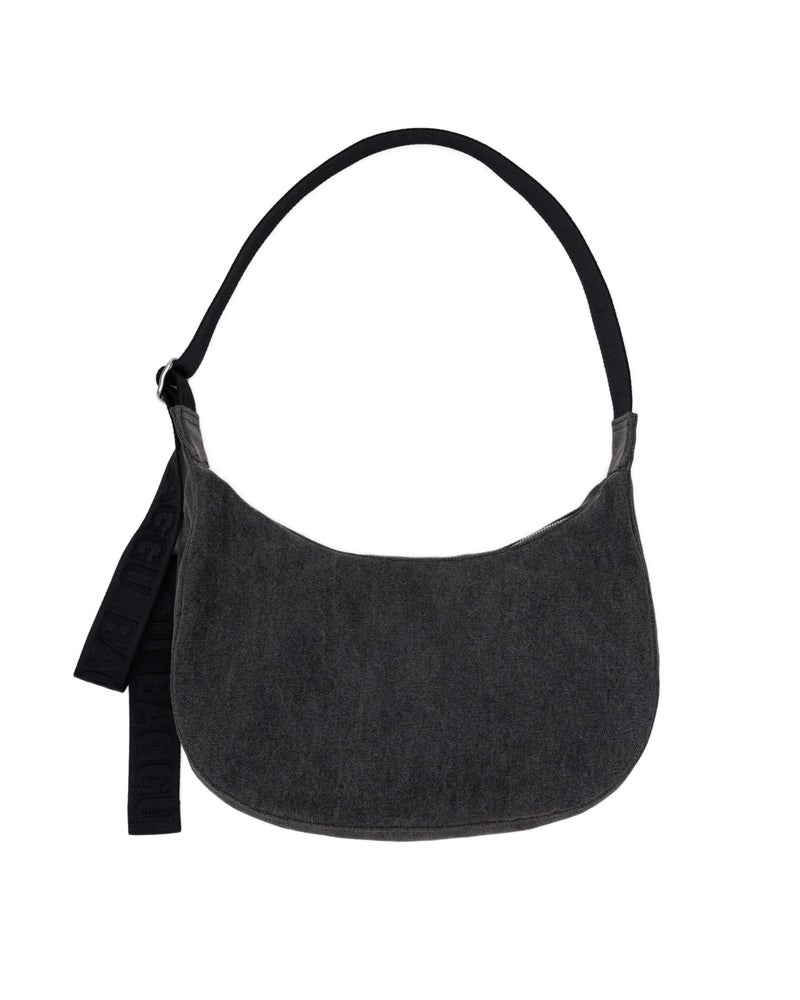 BAGGU Medium Denim Crescent Bag - Washed Black Denim - Image 1