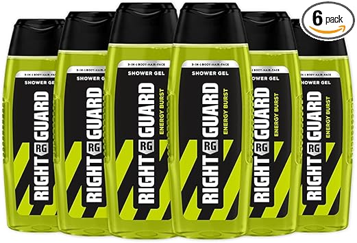 Right Guard Mens 3in1 Shower Gel Energy Burst Body Face and Hair Wash Multipack 6 x 250 ml - Image 1