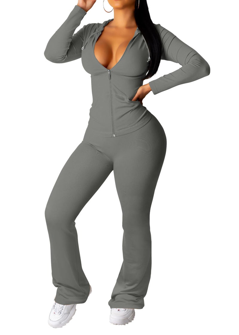 PINSV Women 2 Piece Outfits Workout Bodycon Tracksuit Long Sleeve Zip Up Hoodie Jacket Matching Flared Pants Sets Grey XXL - Image 1