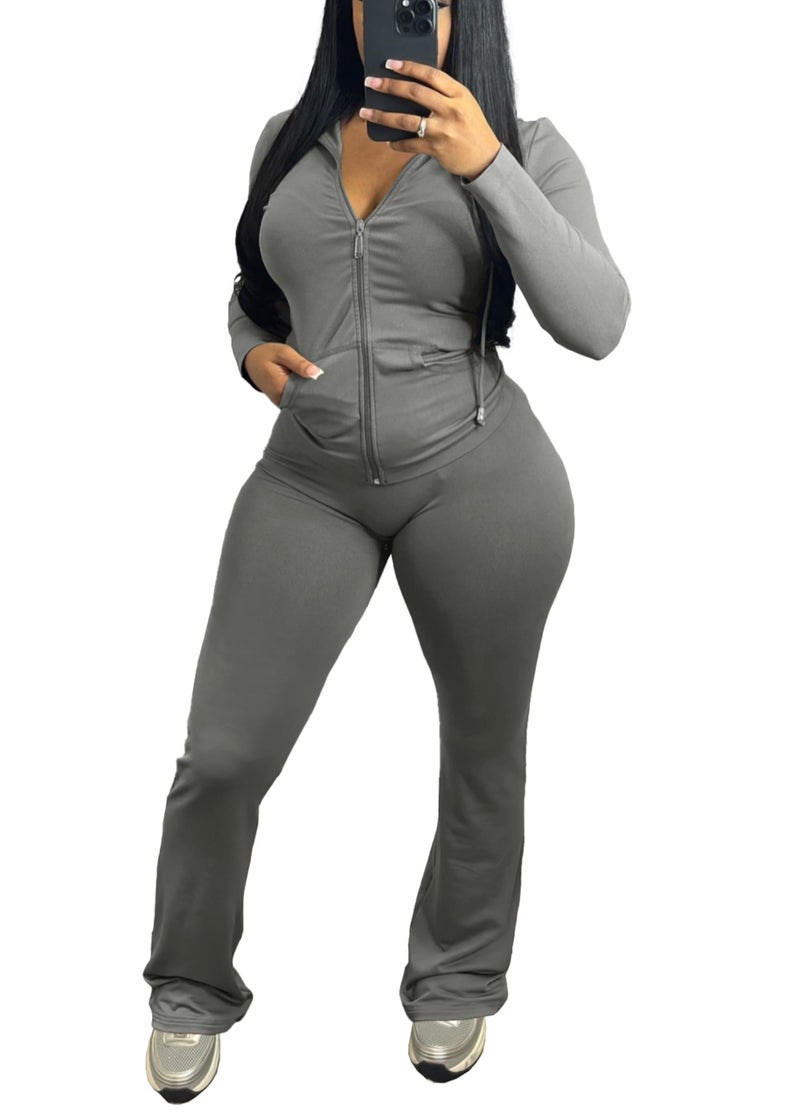 PINSV Women 2 Piece Outfits Workout Bodycon Tracksuit Long Sleeve Zip Up Hoodie Jacket Matching Flared Pants Sets Grey XXL - Image 2