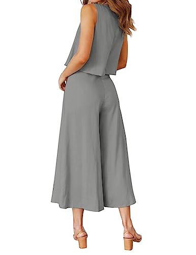 ROYLAMP Women's Summer 2 Piece Outfits Round Neck Crop Basic Top Cropped Wide Leg Pants Set Jumpsuits Gray XL - Image 3