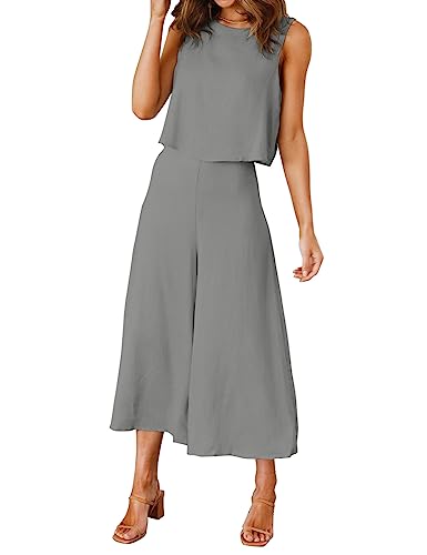 ROYLAMP Women's Summer 2 Piece Outfits Round Neck Crop Basic Top Cropped Wide Leg Pants Set Jumpsuits Gray XL - Image 2