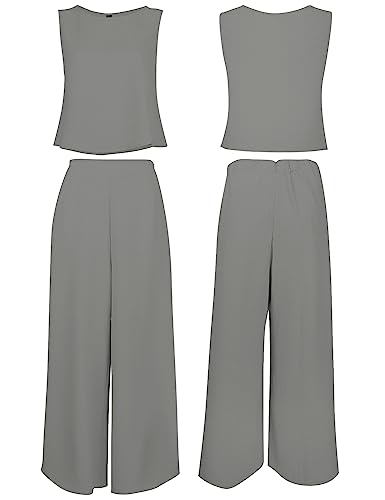 ROYLAMP Women's Summer 2 Piece Outfits Round Neck Crop Basic Top Cropped Wide Leg Pants Set Jumpsuits Gray XL - Image 5