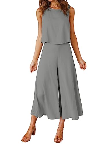 ROYLAMP Women's Summer 2 Piece Outfits Round Neck Crop Basic Top Cropped Wide Leg Pants Set Jumpsuits Gray XL - Image 1