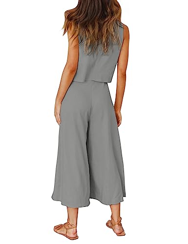 ROYLAMP Women's Summer 2 Piece Outfits Round Neck Crop Basic Top Cropped Wide Leg Pants Set Jumpsuits Gray XL - Image 4