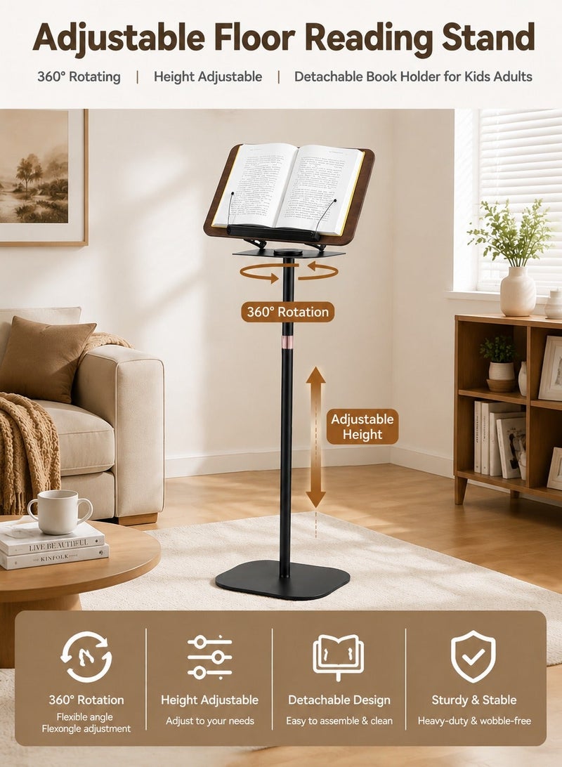 WALALLA 1-Piece Adjustable Floor Reading Stand for Books Laptop and Tablet Detachable 360° Rotating Book Holder with Height Adjustable Carbon Steel Pole Wooden Reading Tray for Kids Adults Study Office Bedroom Living Room - Image 1