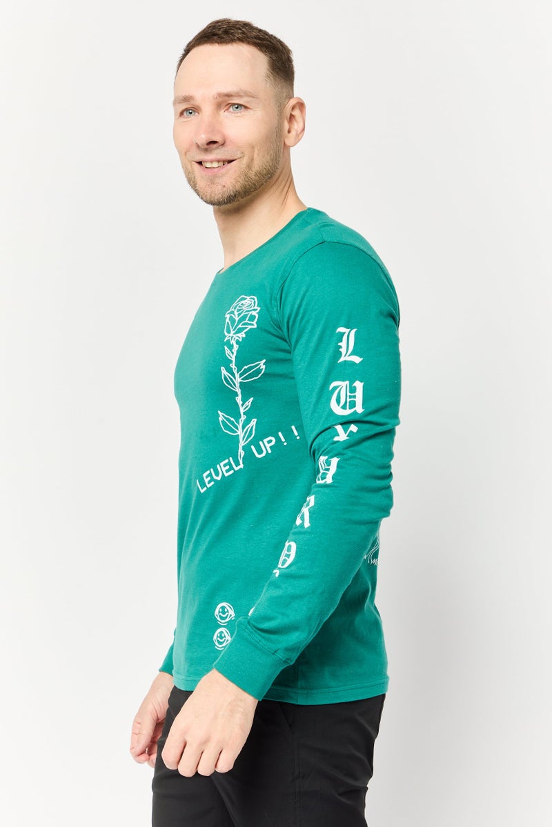 brooklyn تي شيرت رجالي بأكمام طويلة وطوق دائري بطبعة جرافيك، أخضر - Image 3