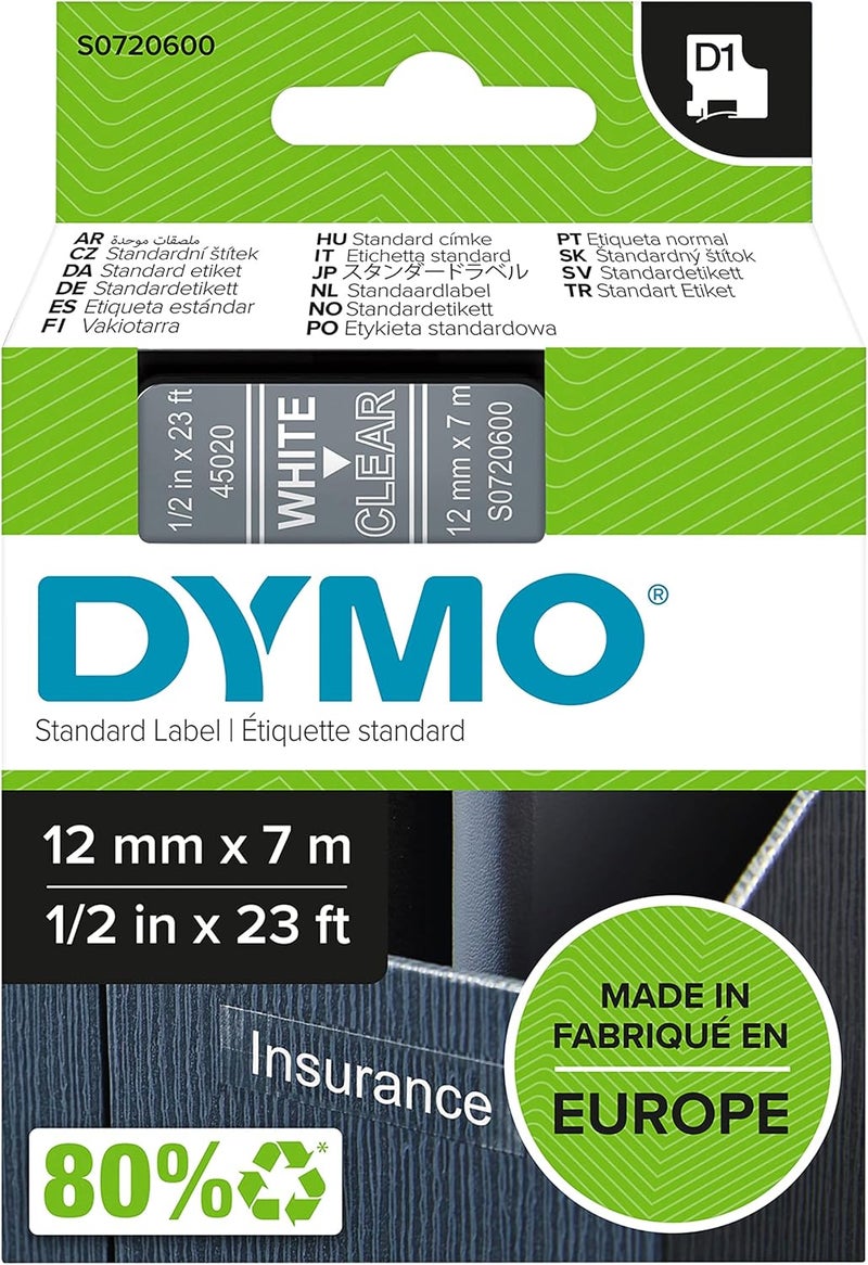 DYMO D1 Label Tape - White on Clear, 12mm x 7m, Self-Adhesive for LabelManager Label Maker - Image 1
