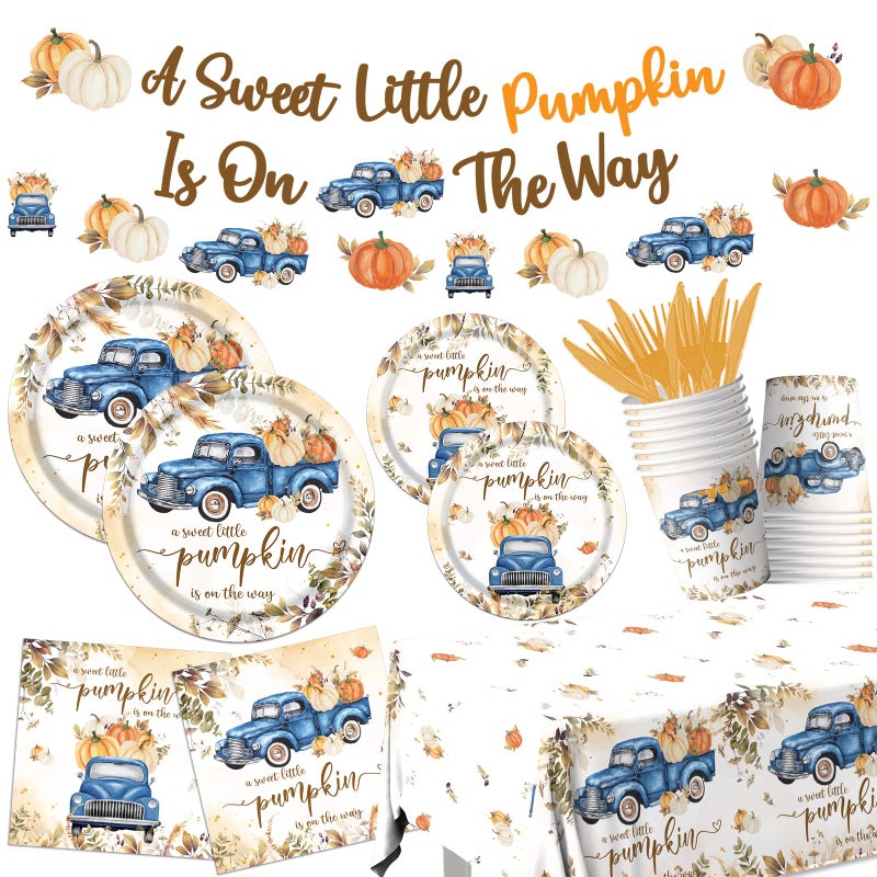 Dydamud Little Pumpkin Baby Shower Decorations 142pcs A Sweet Little Pumpkin Is On The Way Banner Pumpkin Plates and Napkins Boy Blue Truck Boho Thanksgiving Fall Gender Reveal Baby Shower Party Supplies - Image 2