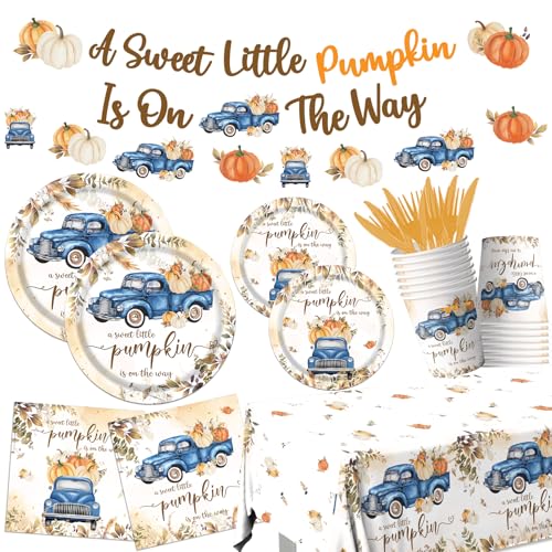 Dydamud Little Pumpkin Baby Shower Decorations 142pcs A Sweet Little Pumpkin Is On The Way Banner Pumpkin Plates and Napkins Boy Blue Truck Boho Thanksgiving Fall Gender Reveal Baby Shower Party Supplies - Image 1
