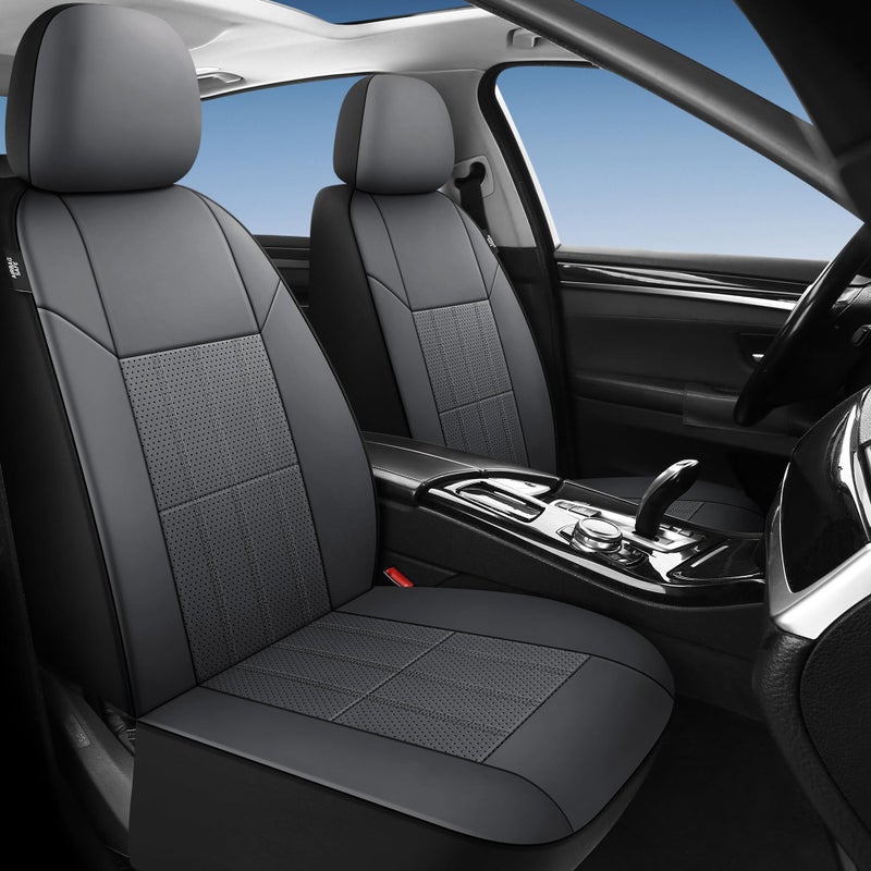 VarCozy Faux Leather Car Seat Covers Front Pair Universal Front Seat Covers for Car Breathable Seat Covers for SUV Sedan Van Premium Automotive Interior Covers Airbag Compatible Grey