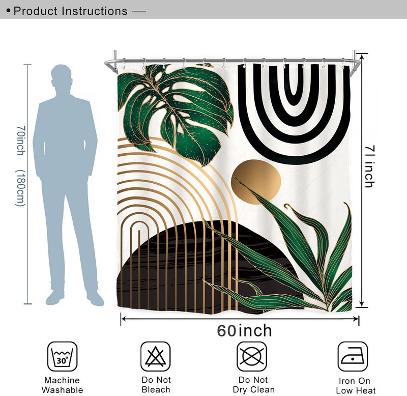 Miyotaa Abstract Emerald Green Shower Curtain Set 60Wx71H Inches Mid Century Minimalist Modern Tropical Leaves Geometric Contemporary Polyester Waterproof Bathroom Curtain with 12 Hooks - Image 4