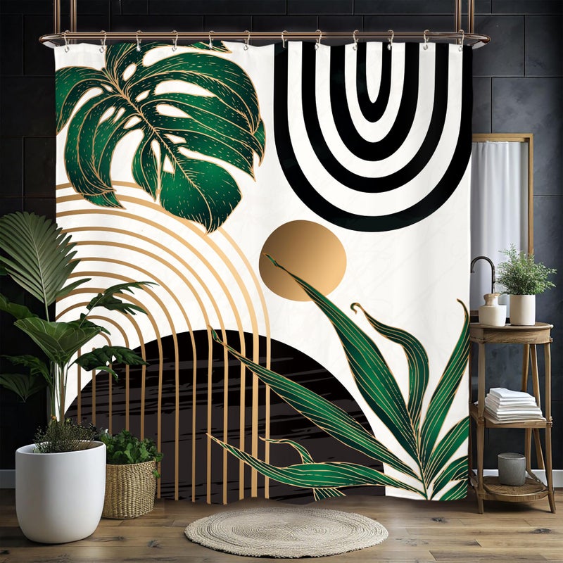 Miyotaa Abstract Emerald Green Shower Curtain Set 60Wx71H Inches Mid Century Minimalist Modern Tropical Leaves Geometric Contemporary Polyester Waterproof Bathroom Curtain with 12 Hooks - Image 1