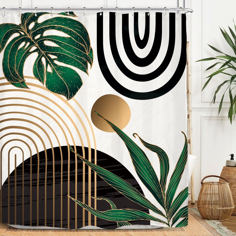 Miyotaa Abstract Emerald Green Shower Curtain Set 60Wx71H Inches Mid Century Minimalist Modern Tropical Leaves Geometric Contemporary Polyester Waterproof Bathroom Curtain with 12 Hooks - Image 2