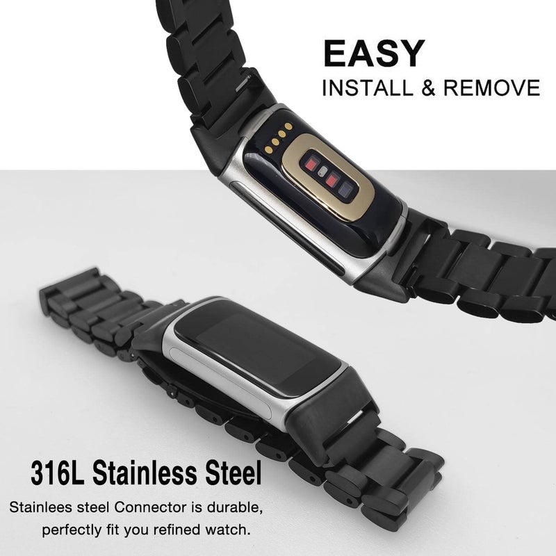 Abanen سوار من الفولاذ المقاوم للصدأ Abanen لساعة Fitbit Charge 6 / Charge 5 المتقدمة، حزام معصم معدني قابل للتعديل الطول متوافق مع Fitbit Charge 5 للرجال والنساء (أسود) - Image 3