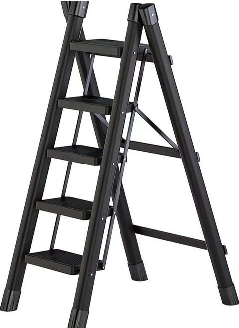 5 Step Ladder Black Aluminum Folding Ladder Stool Wider Upgraded Non-Slip Treads Portable Lightweight Ladder for Home and Kitchen Holds up to 150KG