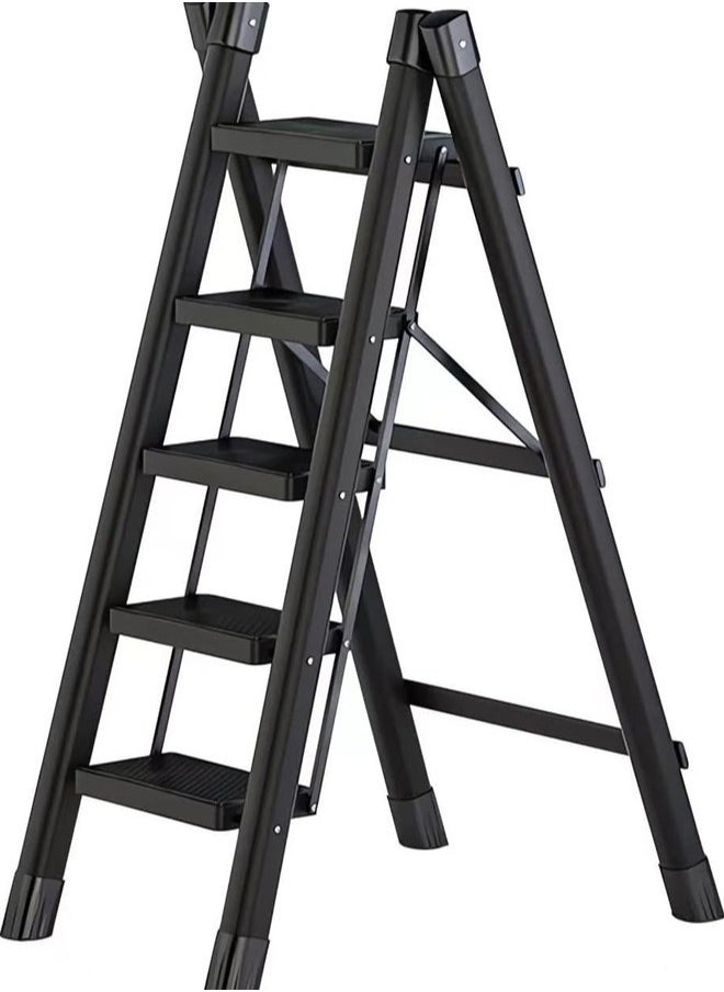 Denzoz - 5 Step Ladder Black Aluminum Folding Ladder Stool Wider Upgraded Non-Slip Treads Portable Lightweight Ladder for Home and Kitchen Holds up to 150KG - Image 1