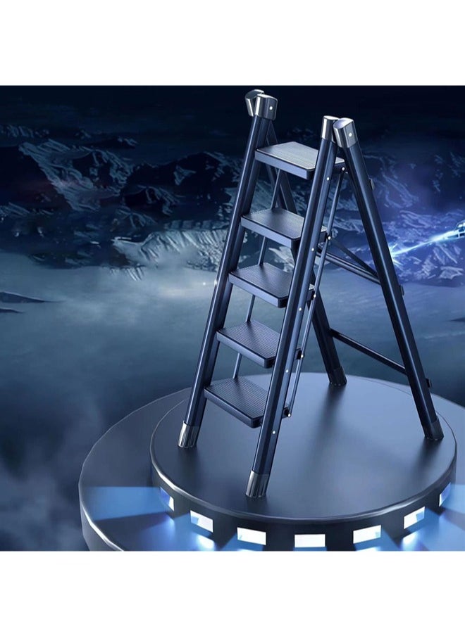 Denzoz - 5 Step Ladder Black Aluminum Folding Ladder Stool Wider Upgraded Non-Slip Treads Portable Lightweight Ladder for Home and Kitchen Holds up to 150KG - Image 1