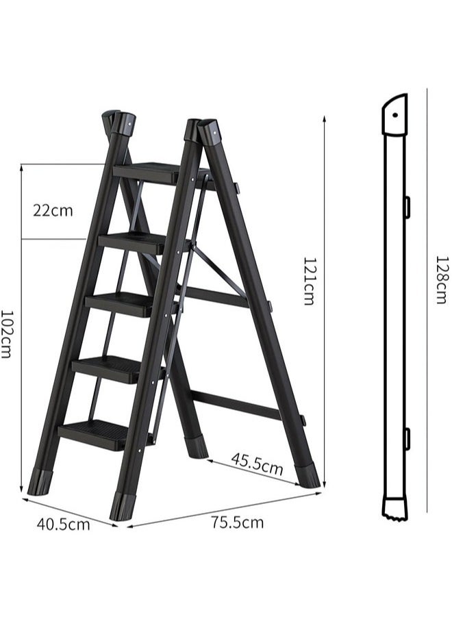 Denzoz - 5 Step Ladder Black Aluminum Folding Ladder Stool Wider Upgraded Non-Slip Treads Portable Lightweight Ladder for Home and Kitchen Holds up to 150KG - Image 1