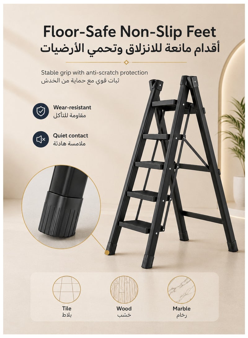 دنزوز 5 خطوة سلم الأسود من الألومنيوم القابل للطي براز سلم أوسع ترقيته غير قابلة للانزلاق سلم خفيف الوزن محمول للمنزل والمطبخ يحمل ما يصل إلى 150 كجم - Image 5